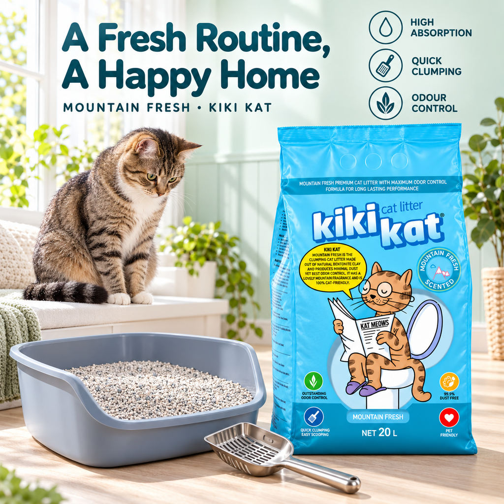 Kiki Kat Mountain Fresh 20 L cat litter beside a cat, litter tray and scoop, highlighting absorption, clumping and odour control.