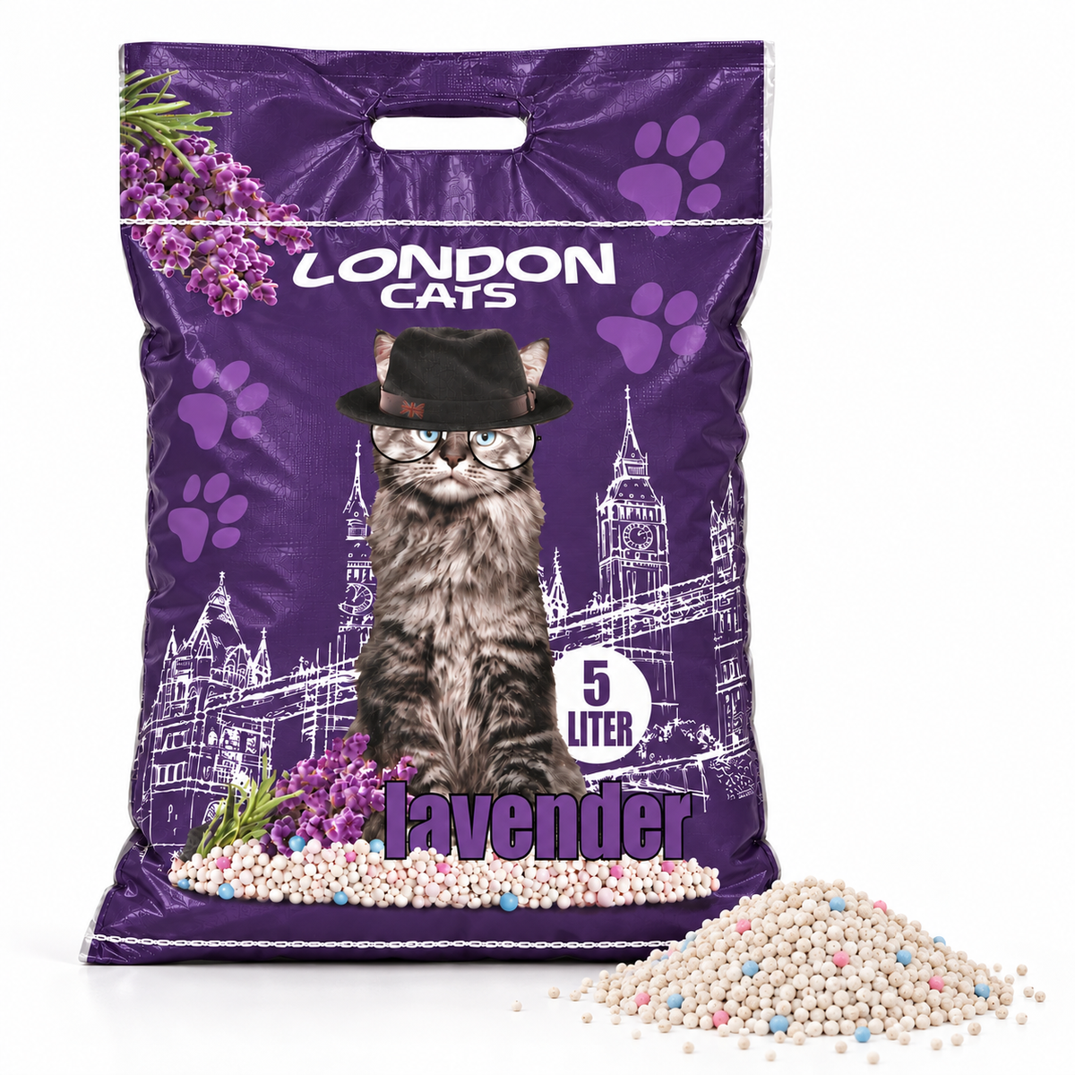 London Cats lavender-scented white bentonite cat litter 5 L bag with a pile of litter granules.