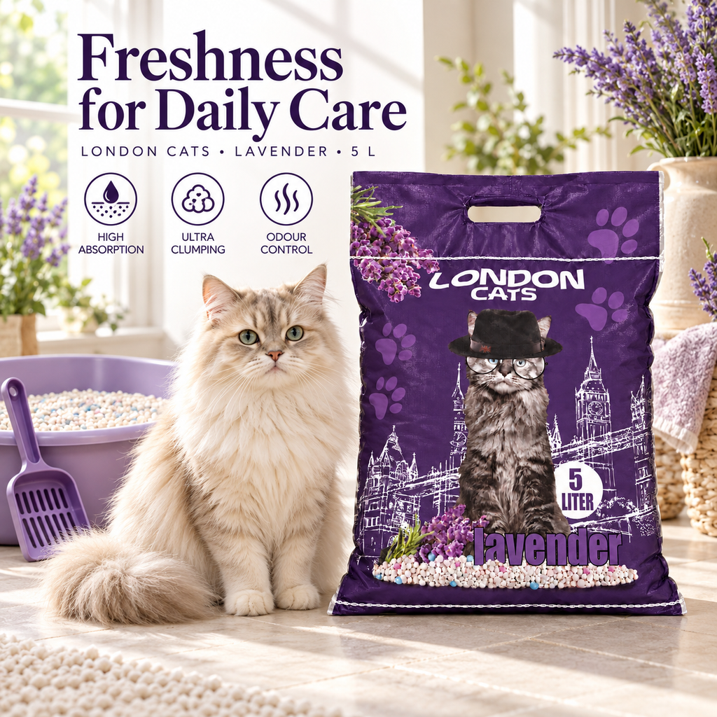 London Cats lavender cat litter 5 L beside a cat and litter tray, highlighting absorption, clumping and odour control.