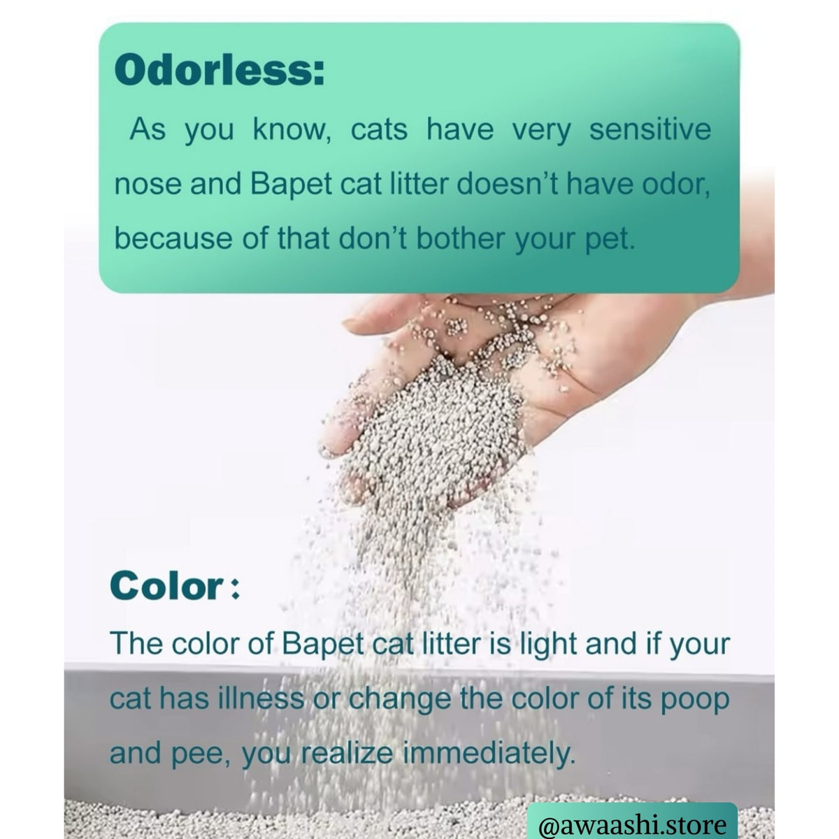 Hand pouring pale bentonite cat litter granules, with an infographic explaining the unscented formula and light colour.