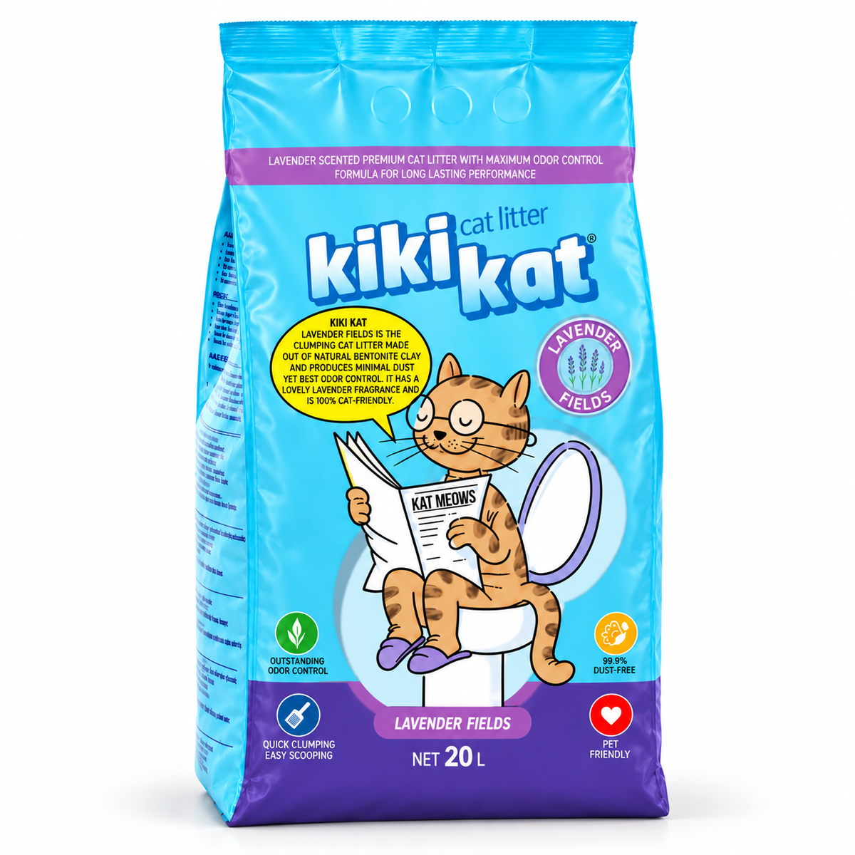 Front view of the blue and purple Kiki Kat Lavender Fields scented bentonite cat litter bag, 20 L.