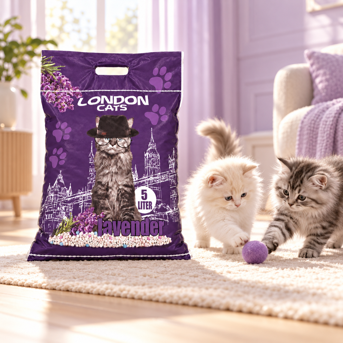 Two kittens playing beside a London Cats lavender-scented cat litter 5 L bag.