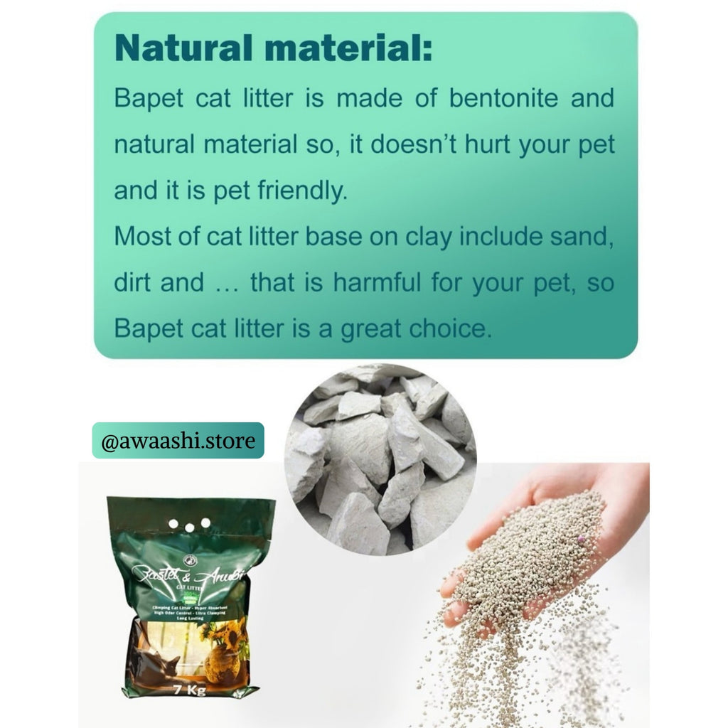Natural bentonite cat litter infographic showing the product bag and granule texture