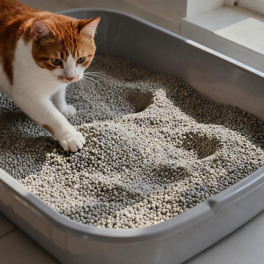 Cat using a litter box filled with fast-clumping bentonite cat litter