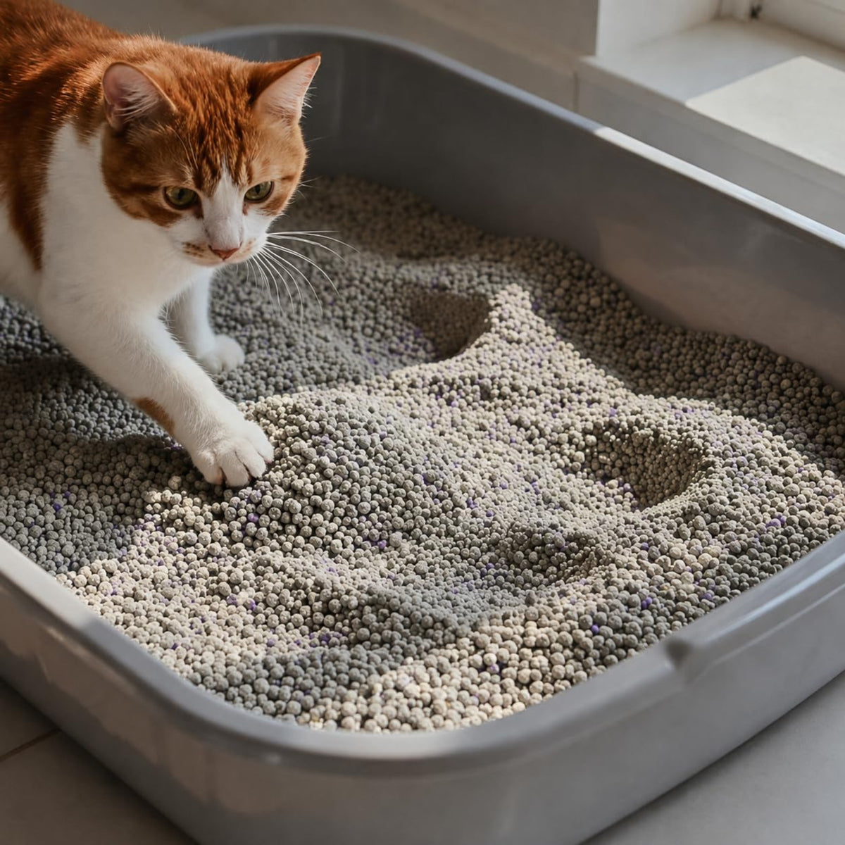 Cat using a litter box filled with fast-clumping bentonite cat litter