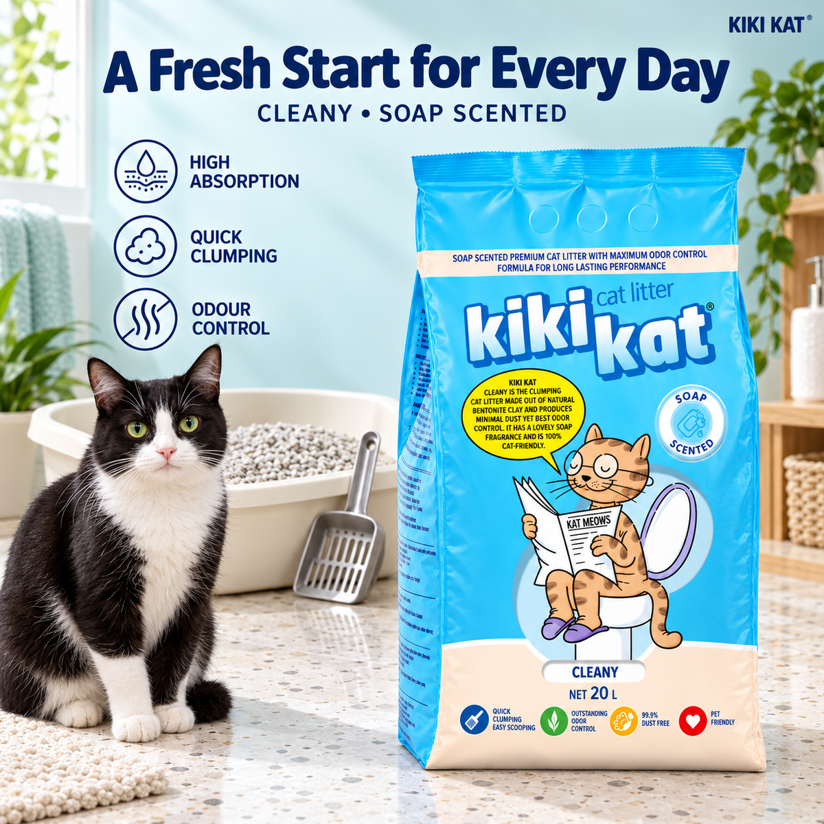 Kiki Kat Cleany soap-scented cat litter 20 L beside a cat and litter tray, highlighting absorption, clumping and odour control