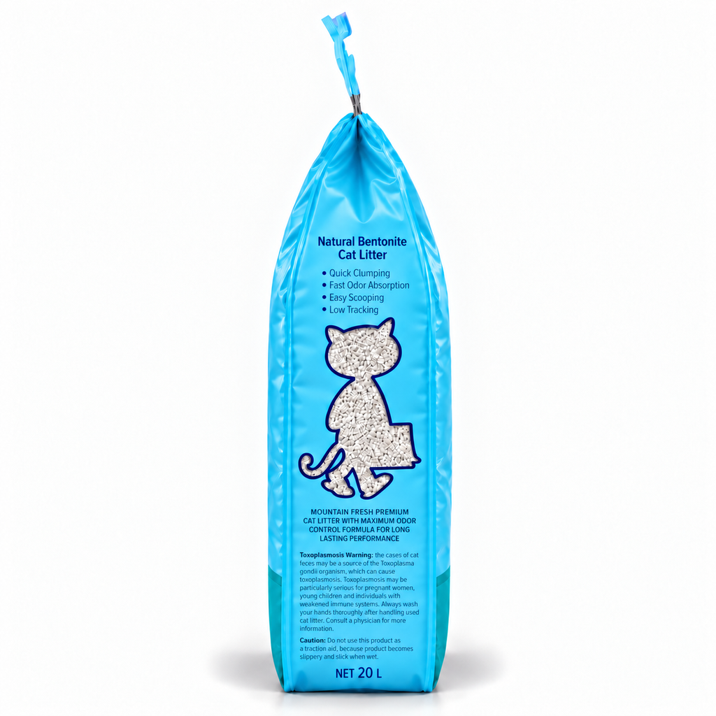 Side view of Kiki Kat Mountain Fresh 20 L cat litter packaging, showing product features and handling instructions.