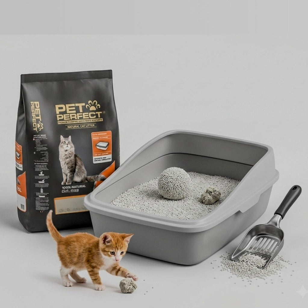 Unscented bentonite cat litter bag beside a filled litter box with cats
