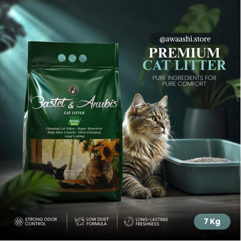 Unscented bentonite cat litter displayed with a cat and litter box