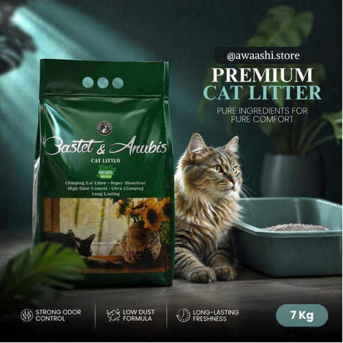 Unscented bentonite cat litter displayed with a cat and litter box