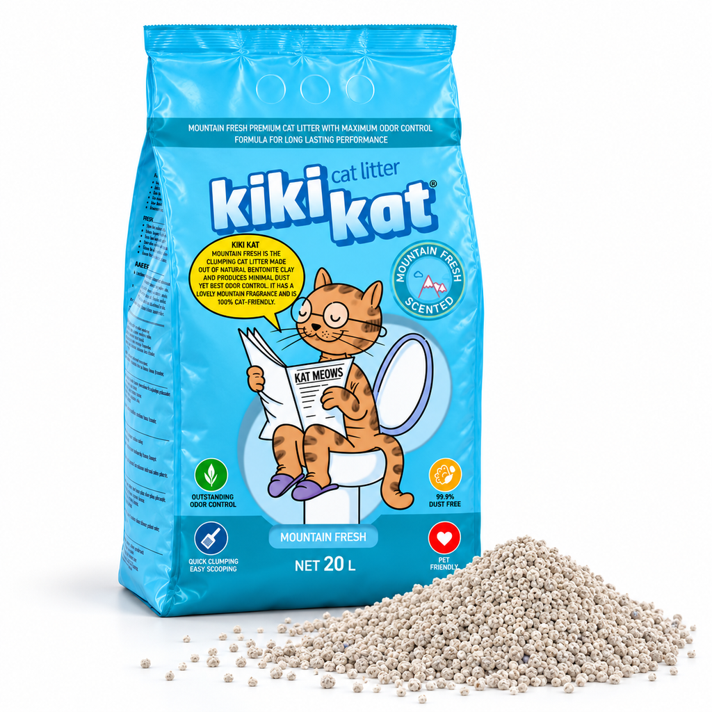 Kiki Kat Mountain Fresh scented bentonite cat litter, 20 L bag beside a pile of litter granules.