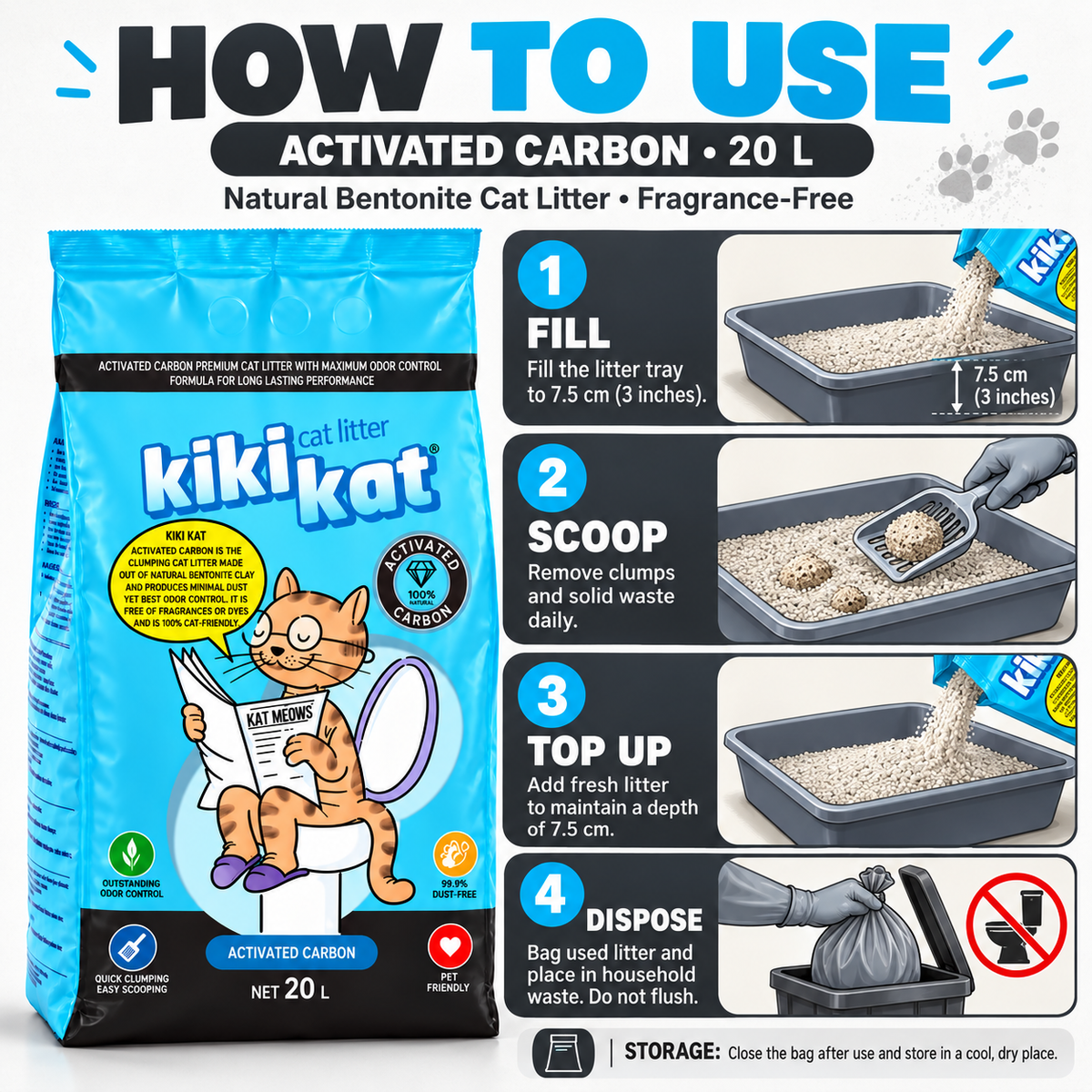 Instructions for Kiki Kat Activated Carbon litter: fill the tray, scoop daily, top up and dispose of used litter without flushing.
