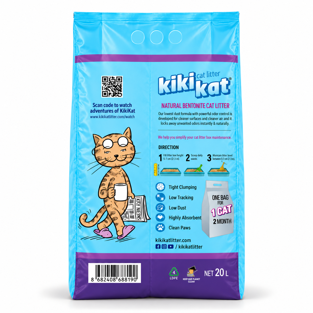 Back of the Kiki Kat Lavender Fields 20 L bag, showing usage directions, product features and barcode.