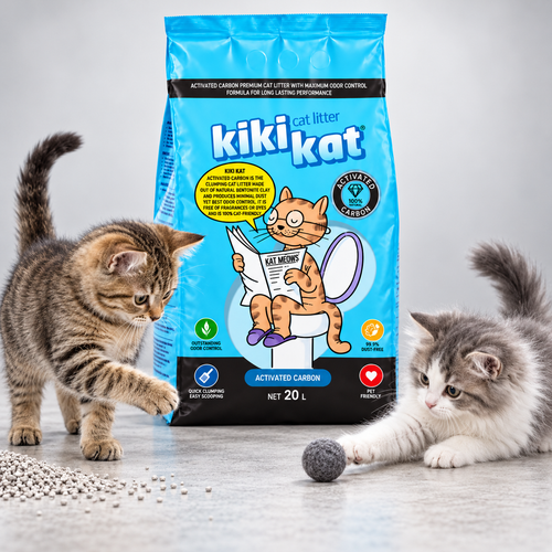 Two kittens beside a blue 20 L bag of Kiki Kat Activated Carbon unscented bentonite cat litter.