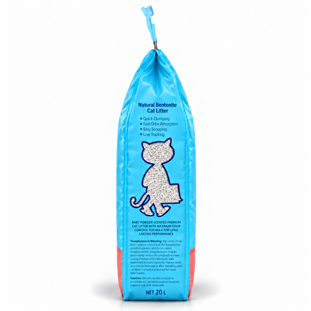Side view of Kiki Kat Baby Powder scented bentonite cat litter, 20 L, showing product features and handling instructions.