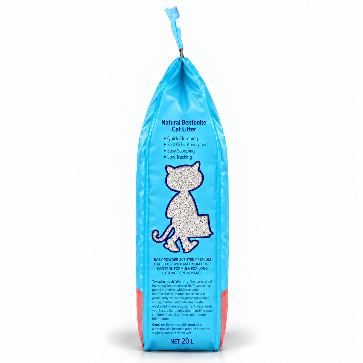 Side view of Kiki Kat Baby Powder scented bentonite cat litter, 20 L, showing product features and handling instructions.