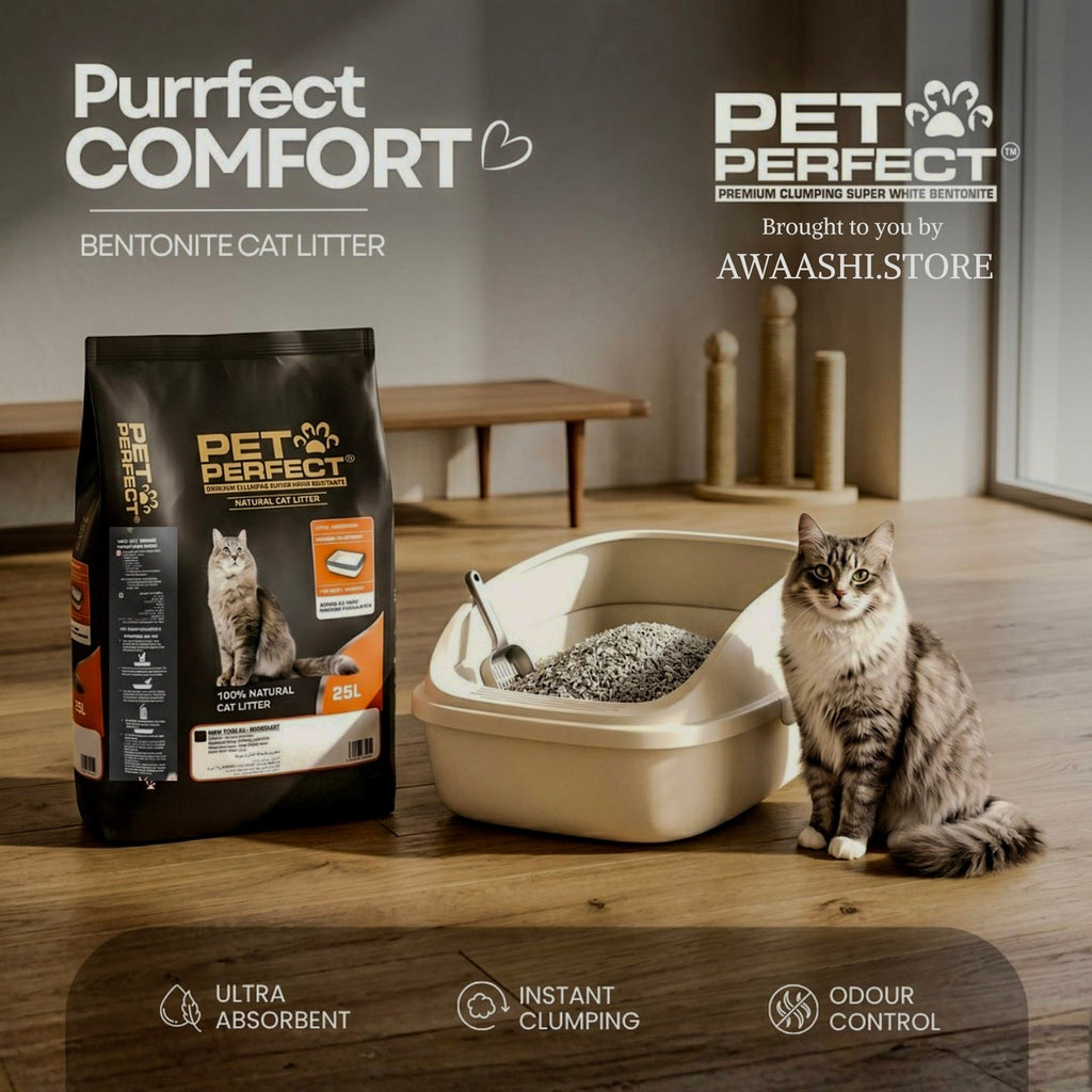 Unscented bentonite cat litter displayed with a cat and litter box in a home setting