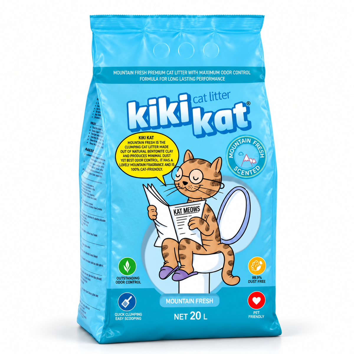 Front view of the blue Kiki Kat Mountain Fresh scented bentonite cat litter bag, 20 L.