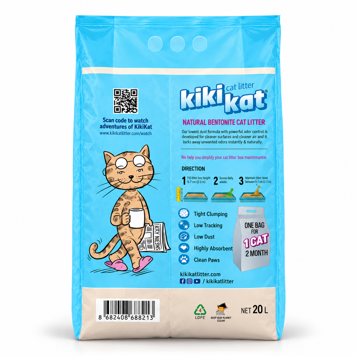 Back of Kiki Kat Cleany soap-scented cat litter 20 L bag showing features, usage instructions and barcode