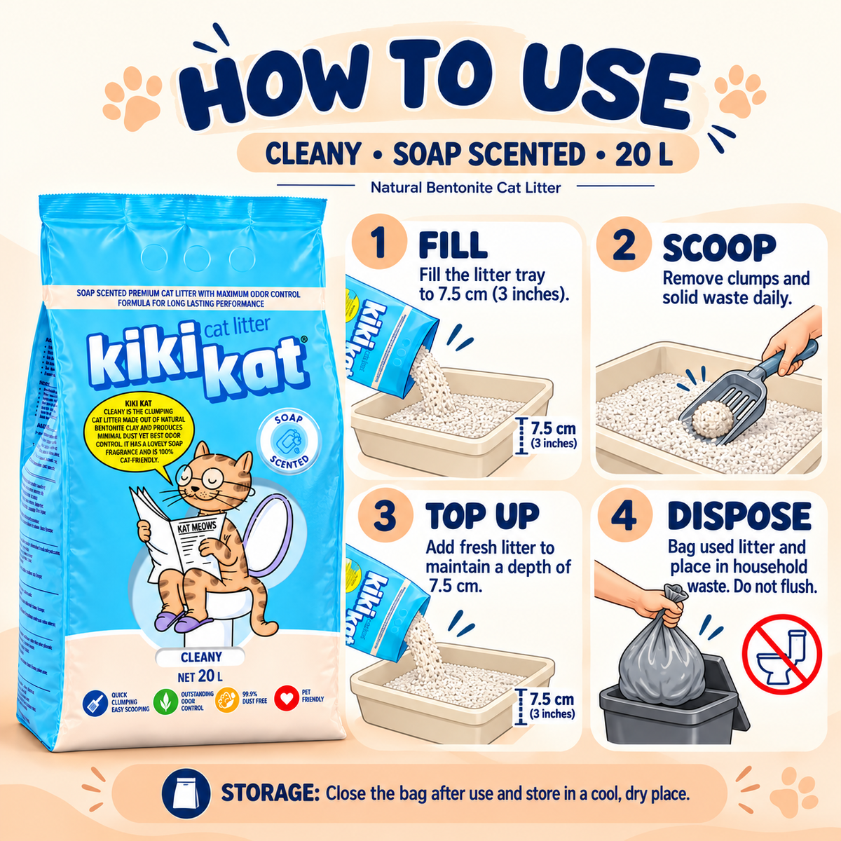 How to use Kiki Kat Cleany cat litter: fill the tray, scoop waste, top up and dispose of used litter