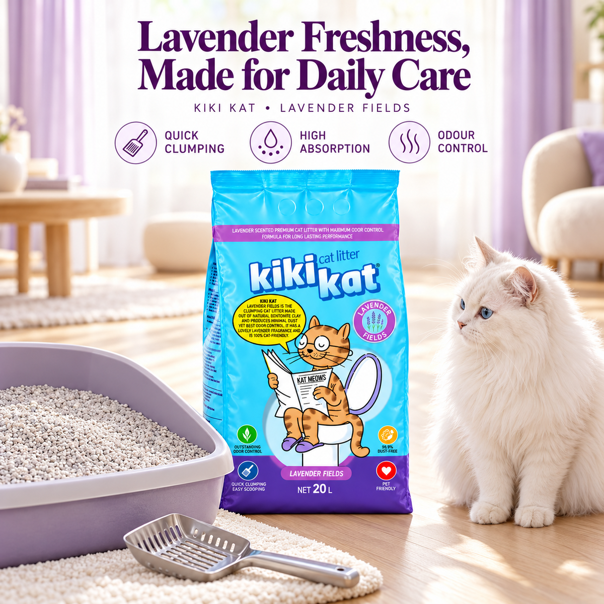 Kiki Kat Lavender Fields 20 L cat litter beside a white cat, litter tray and scoop, highlighting clumping, absorption and odour control.