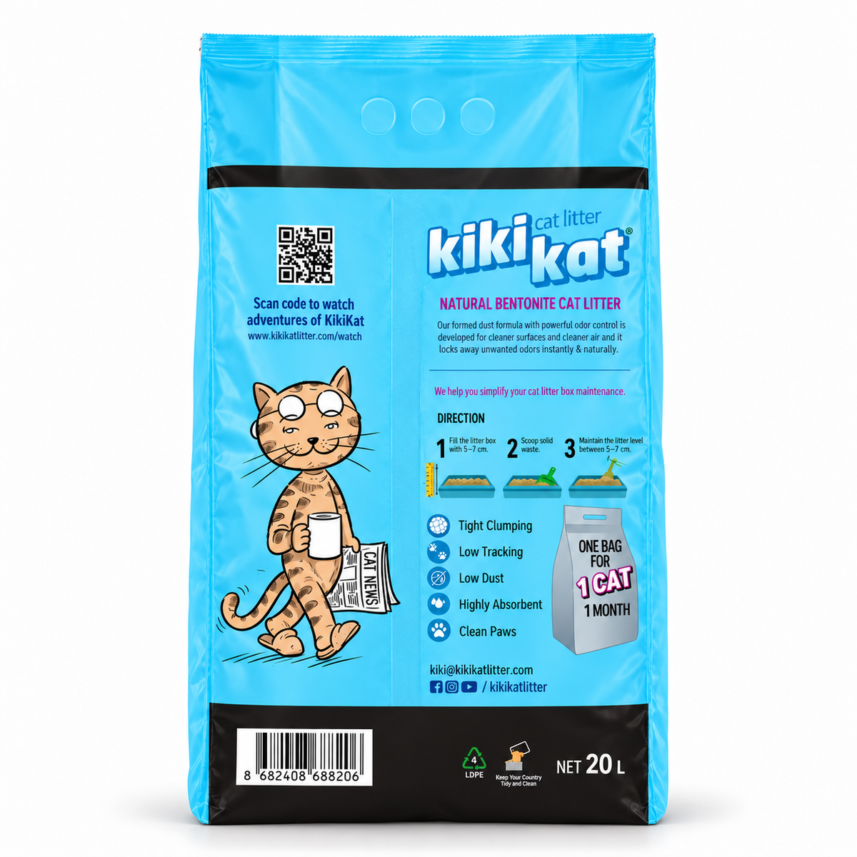 Back of the Kiki Kat Activated Carbon 20 L bag, showing usage directions, product features and barcode.