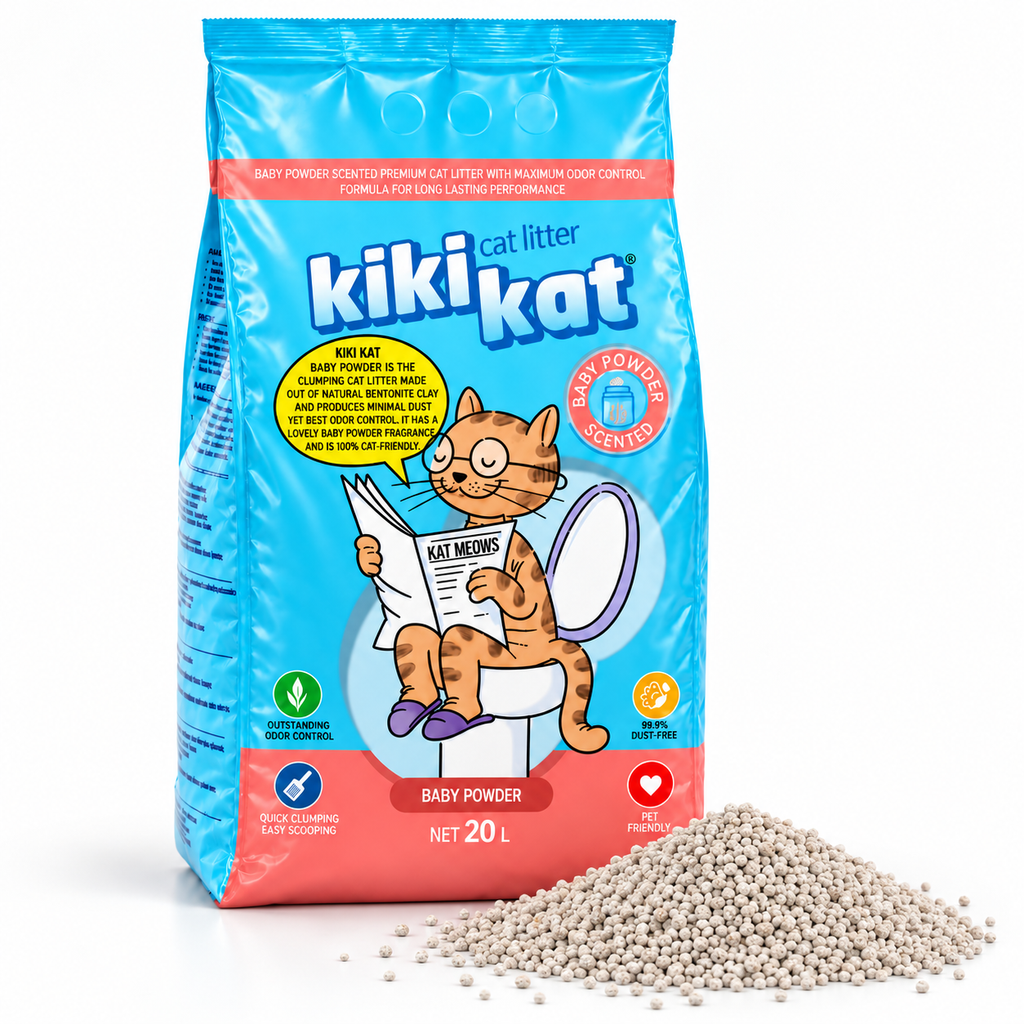 Kiki Kat Baby Powder scented cat litter, 20 L bag beside a pile of natural bentonite granules.