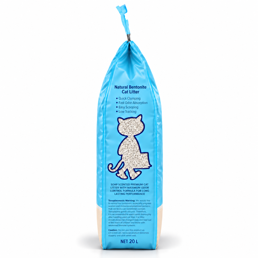 Side of Kiki Kat Cleany soap-scented cat litter 20 L bag showing product information