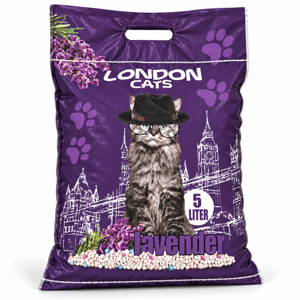 Front of London Cats lavender-scented cat litter 5 L bag.
