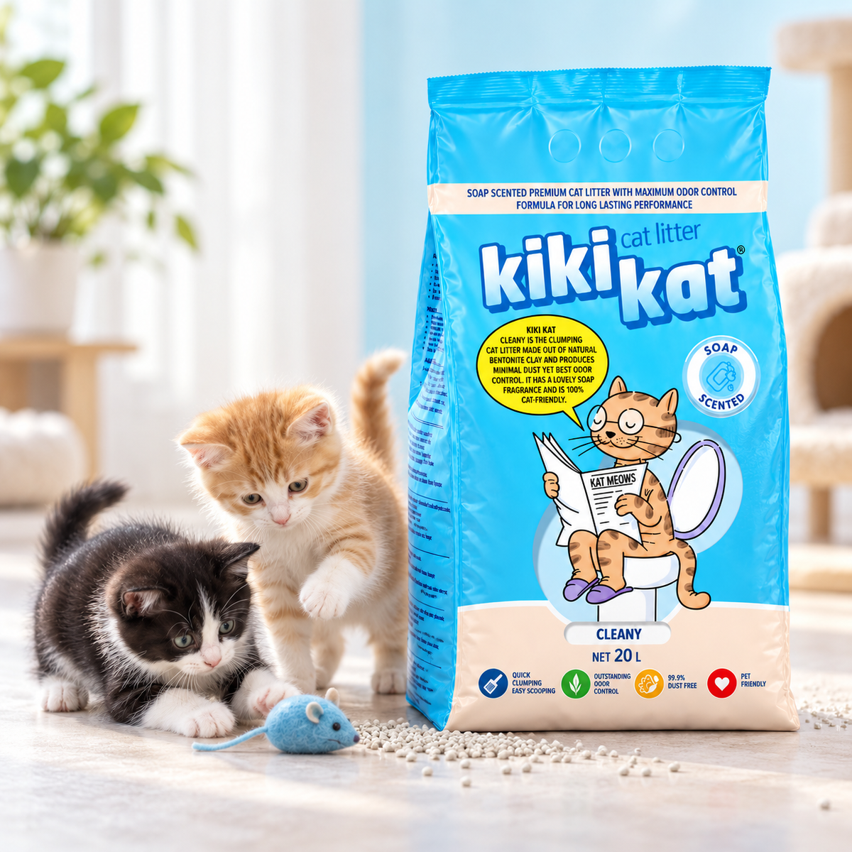Two kittens playing beside a Kiki Kat Cleany soap-scented cat litter 20 L bag