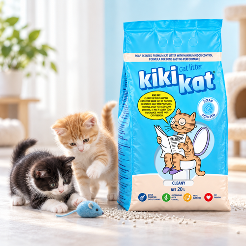 Two kittens playing beside a Kiki Kat Cleany soap-scented cat litter 20 L bag