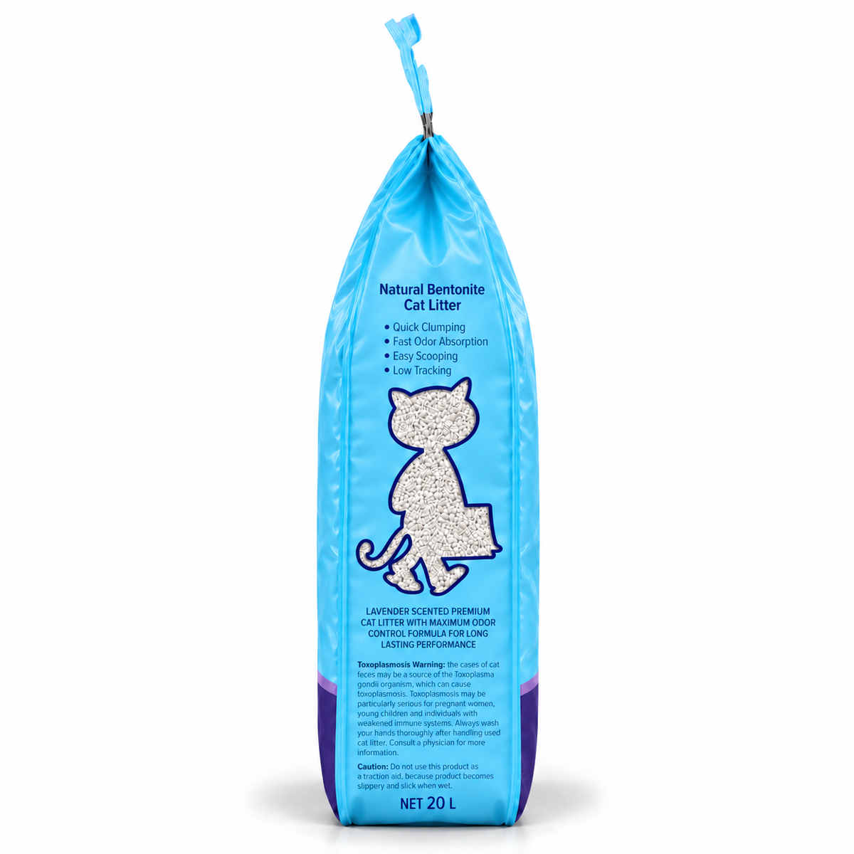Side view of Kiki Kat Lavender Fields 20 L cat litter packaging, showing product features and handling instructions.