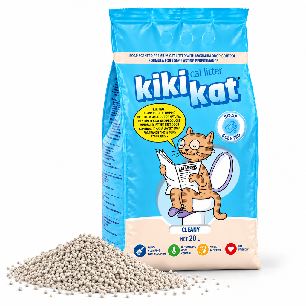 Kiki Kat Cleany soap-scented bentonite cat litter 20 L bag with a pile of litter granules