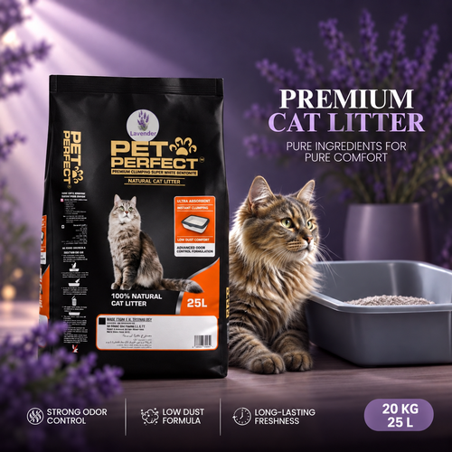 Premium lavender bentonite cat litter displayed with a cat and litter box