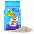 Kiki Kat Lavender Fields scented bentonite cat litter, 20 L bag beside a pile of litter granules.