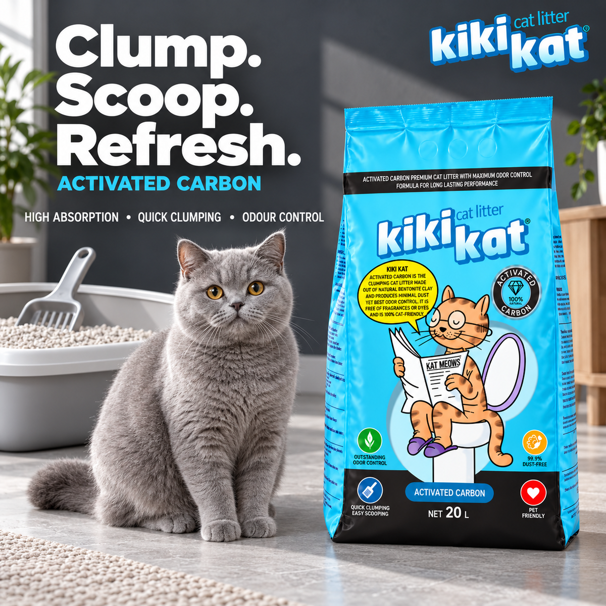 Kiki Kat Activated Carbon cat litter beside a grey cat and litter tray, highlighting absorption, quick clumping and odour control.