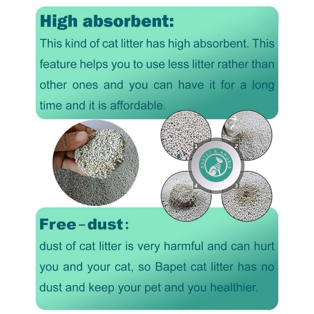 Bentonite cat litter infographic highlighting high absorption and low dust