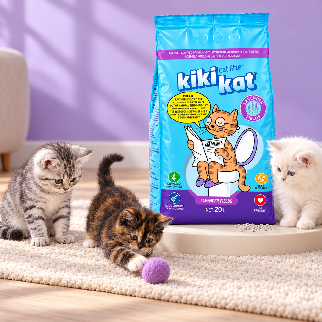 Three kittens beside a 20 L bag of Kiki Kat Lavender Fields cat litter, with a purple toy ball.