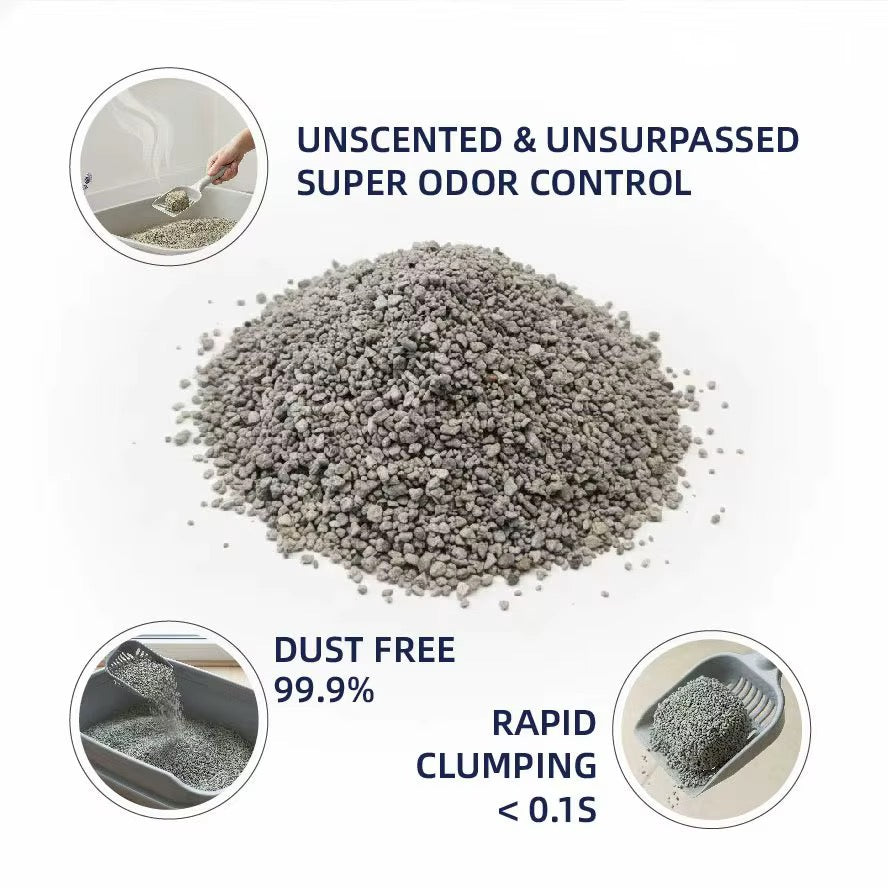 Unscented bentonite cat litter infographic showing odour control, low dust and rapid clumping