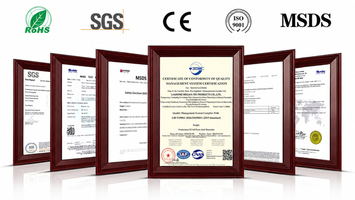 Six framed documents displayed beneath RoHS, SGS, CE, ISO 9001 and MSDS logos, with the heading “Strong Strength” and subtitle “Certificate display.”