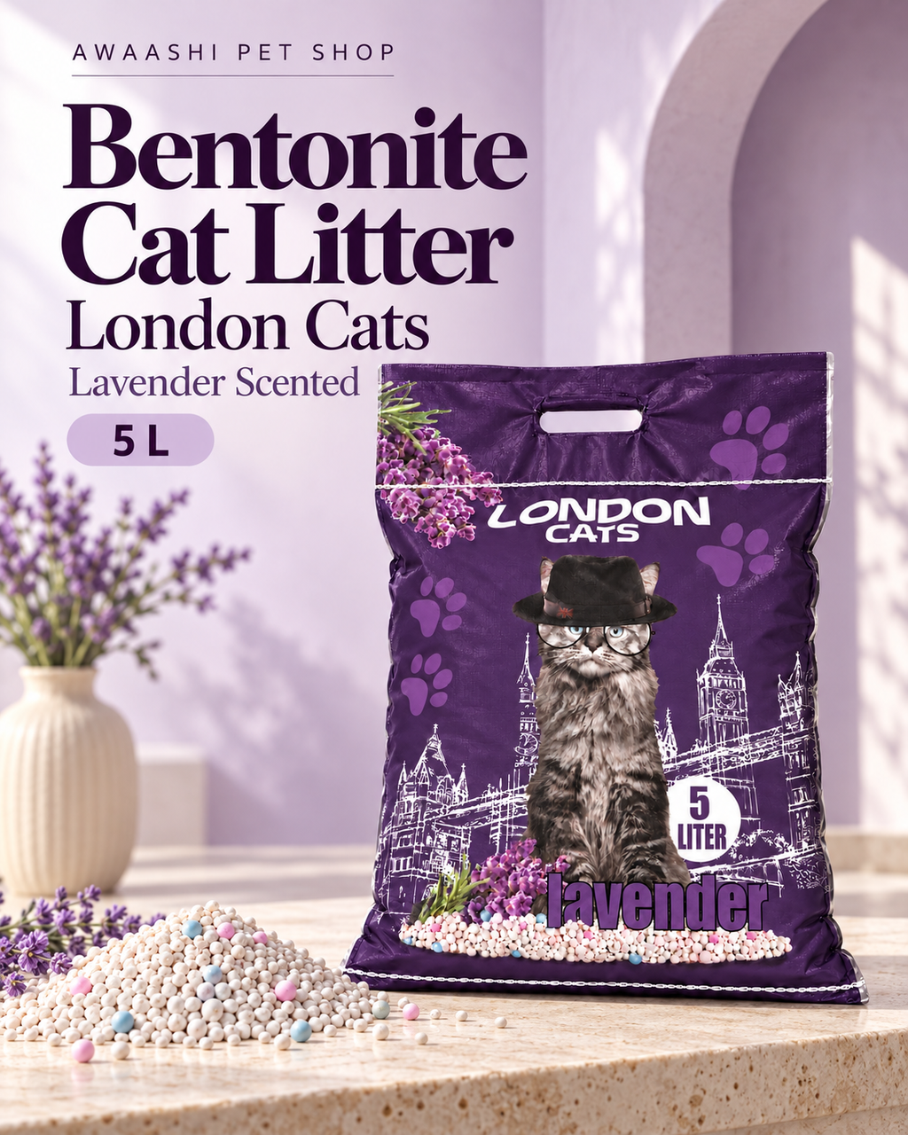 AWAASHI Pet Shop promotional image featuring London Cats lavender-scented bentonite cat litter 5 L and litter granules.