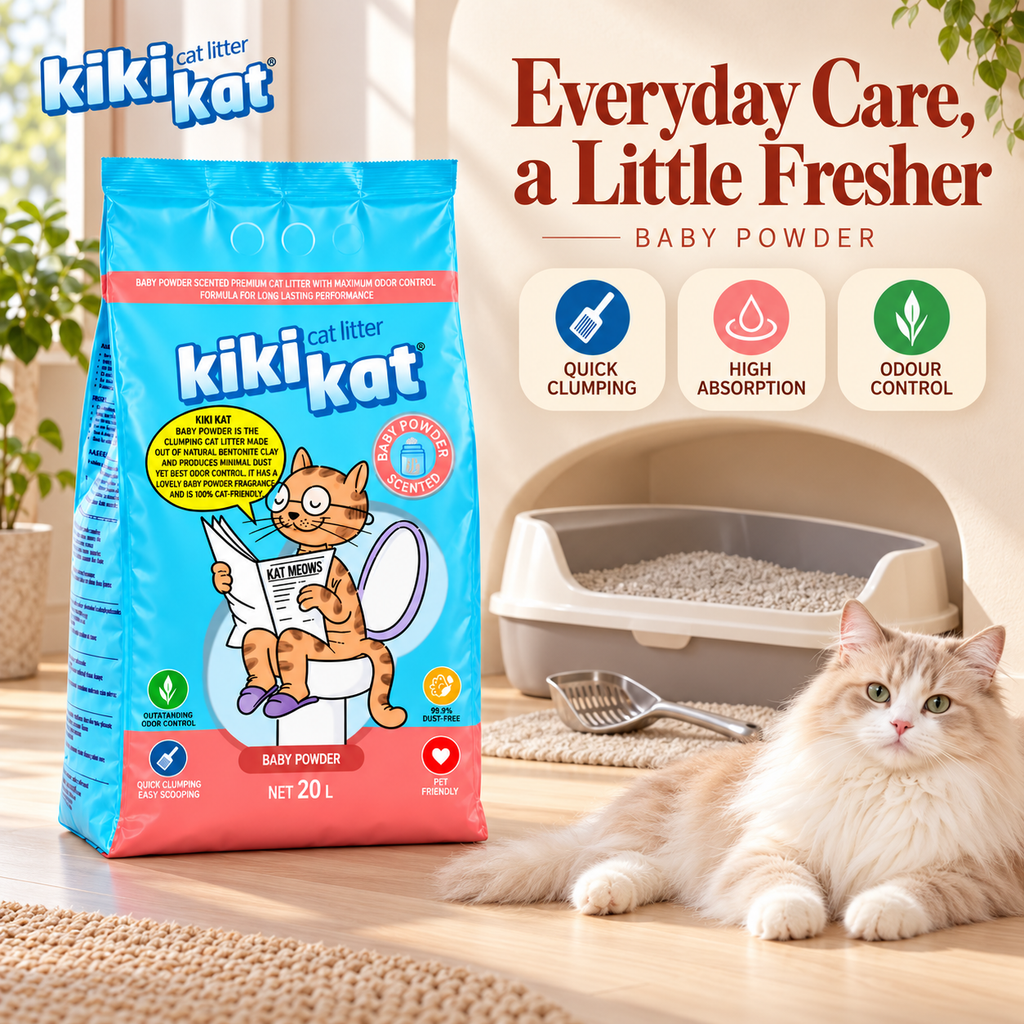 Kiki Kat Baby Powder cat litter beside a cat and litter tray, highlighting quick clumping, absorption and odour control.