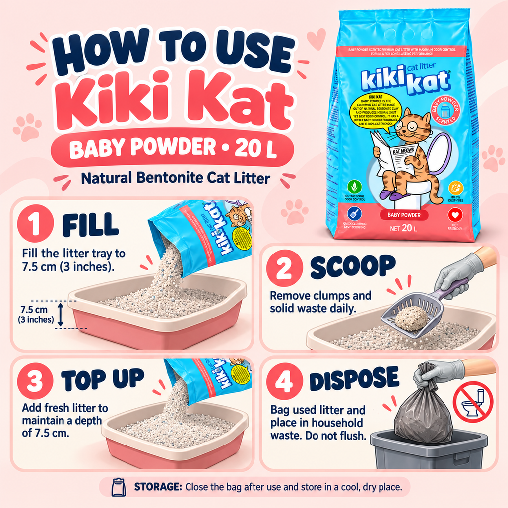 Kiki Kat Baby Powder litter instructions showing how to fill the tray, scoop waste, top up and dispose without flushing.