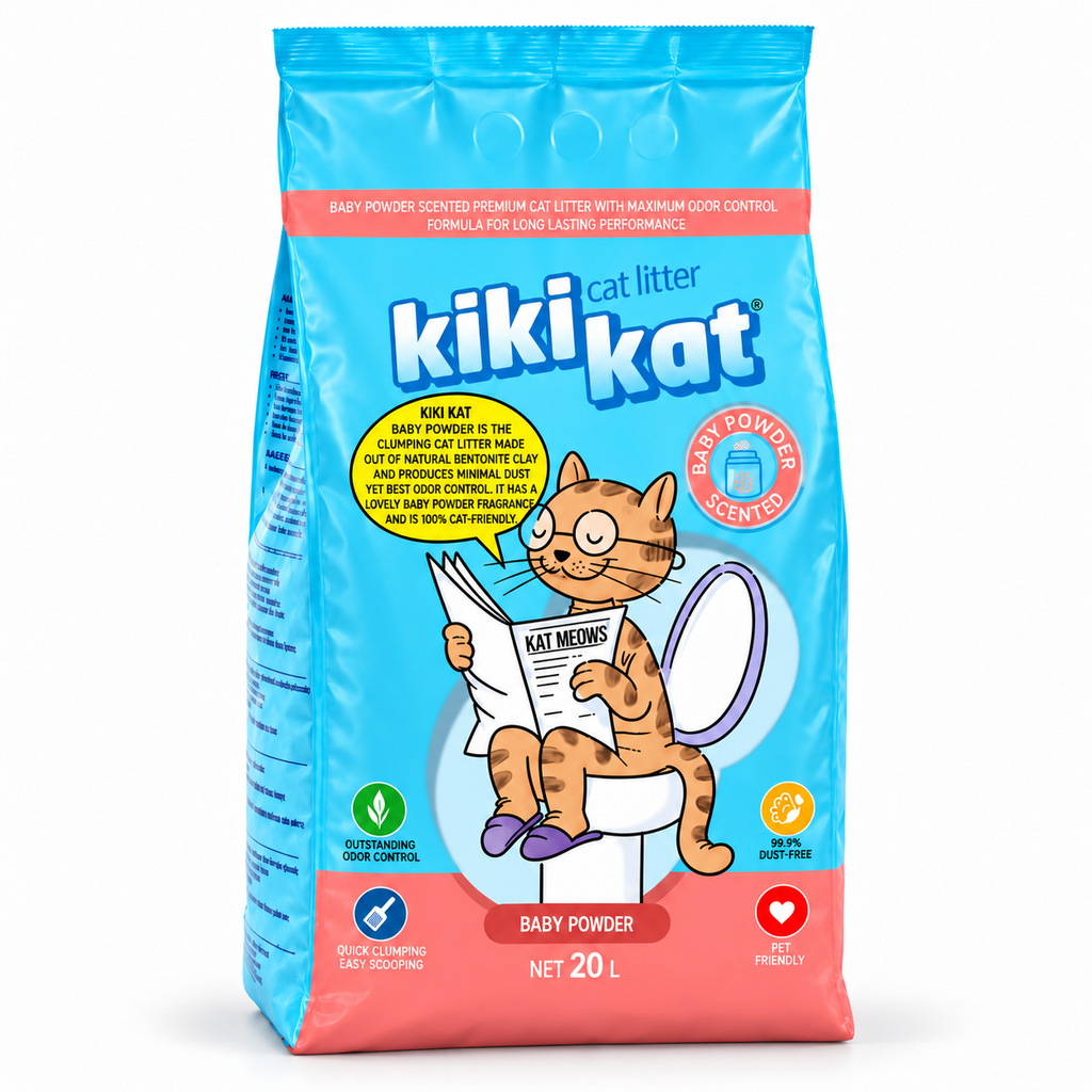 Front view of the blue and coral Kiki Kat Baby Powder scented bentonite cat litter bag, 20 L.