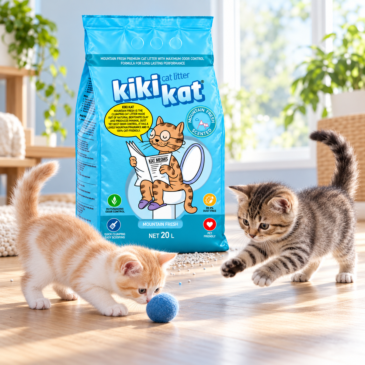 Two kittens playing with a blue ball beside a 20 L bag of Kiki Kat Mountain Fresh cat litter.