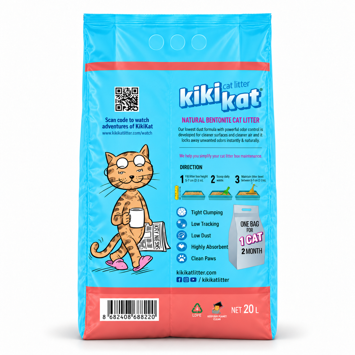 Back of the Kiki Kat Baby Powder 20 L bag, showing usage directions, product features and barcode.