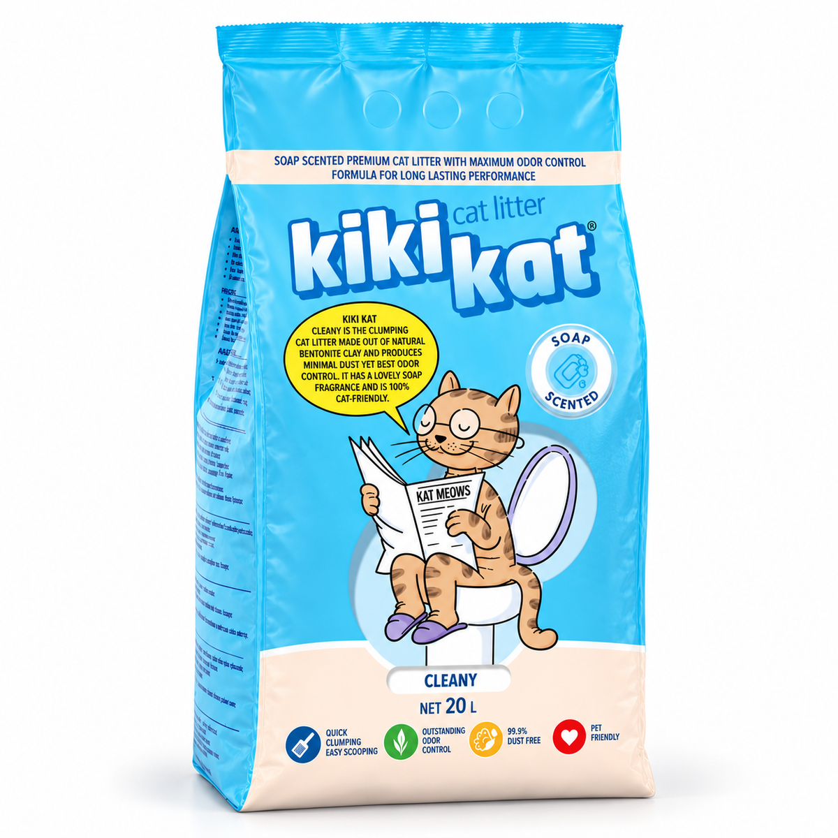 Front of Kiki Kat Cleany soap-scented bentonite cat litter 20 L bag