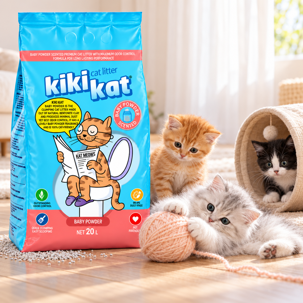 Three kittens playing beside a 20 L bag of Kiki Kat Baby Powder scented bentonite cat litter.
