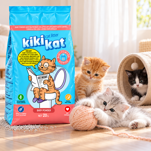Three kittens playing beside a 20 L bag of Kiki Kat Baby Powder scented bentonite cat litter.