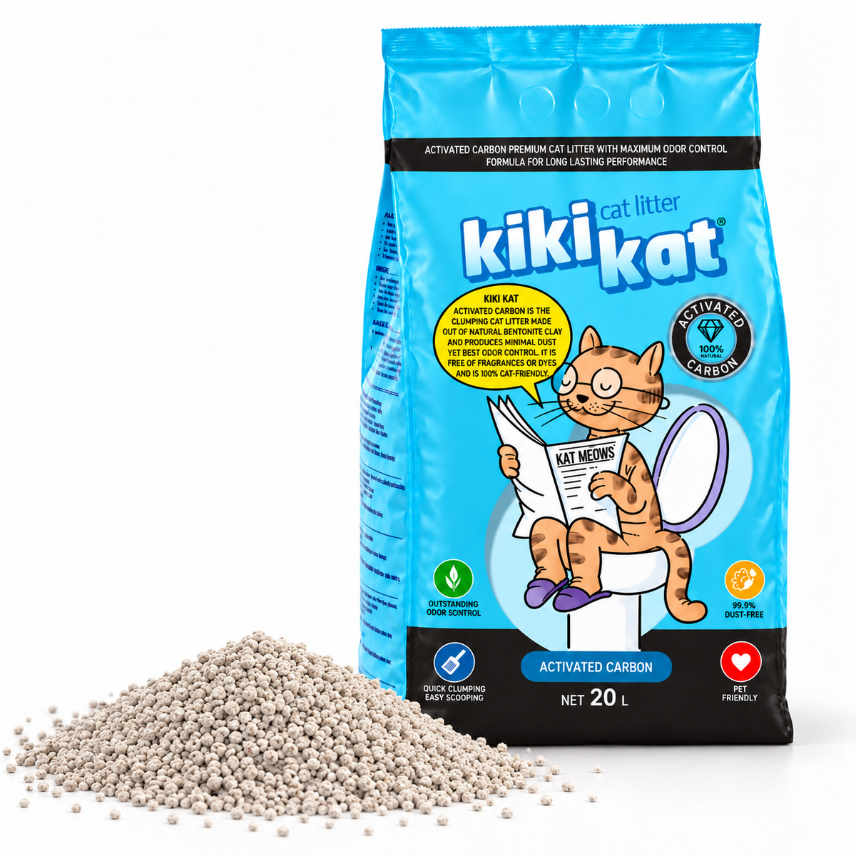 Kiki Kat Activated Carbon unscented bentonite cat litter, 20 L blue bag beside a pile of litter granules.
